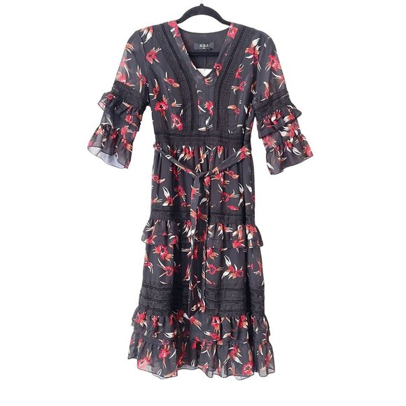 O.P.T Size M Floral Tiered Midi Dress Ruffle Sleeves Crochet Lace Flowy Formal - Picture 1 of 10